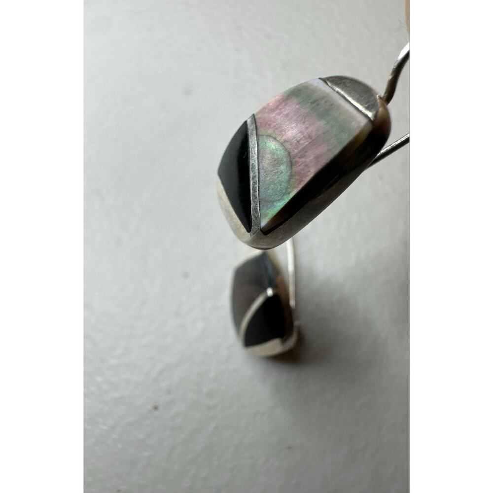 Vintage Native American Sterling Silver Abalone Black Onyx Inlay Earrings
